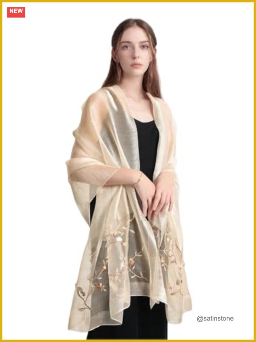 Silk Blend Embroidered Floral Shawl Wrap with Sequins